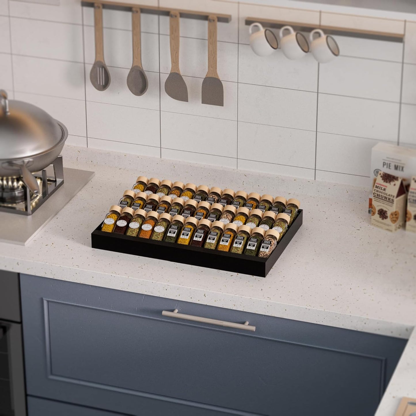 Expandable Metal Spice Drawer Organizer,3-Tier Slanted Seasoning Jars Tray for Kitchen Cabinet Drawers Insert/Countertop (Jars not included)-3Tier,2packs/Black