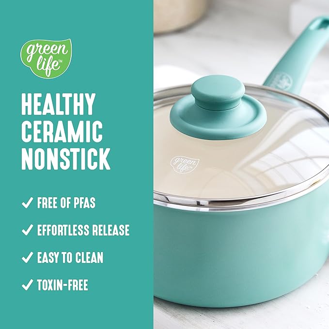 GreenLife 2 Quart Ceramic Nonstick Saucepan with Lid, PFAS-Free, Stay-Cool Handle, Multipurpose Kitchen Cooking Pot, Dishwasher & Oven Safe, Turquoise