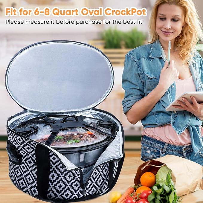 BAGSPRITE Double-layer Slow Cooker Carrying Case Compatible with 6-8 Quart Crockpot Carrier for Hot Food and Hamlton Beach Slow Cooker Tote with Lid Fastener for Crock-pot Dust Cover Applicances