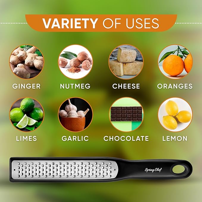 Spring Chef Premium Lemon Zester Grater with Handle - Ginger, Nutmeg, Garlic Grater - Heavy Duty Kitchen Tool - Stainless Steel Citrus Zester with Blade Cover - Fine & Coarse Shred, Set of 2, Black
