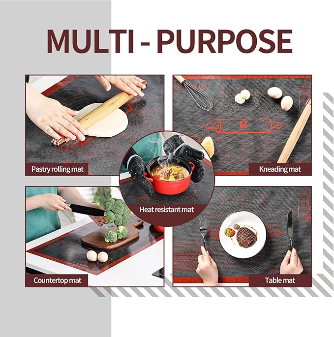 Silicone Pastry Mat Extra Large with Measurements 26''x16'' for Reusable,Non-slip Silicone Baking Mat, Counter, Dough Rolling, Oven Liner,Fondant/Pie Crust (Translucent_Red, 16''W x 26''L)