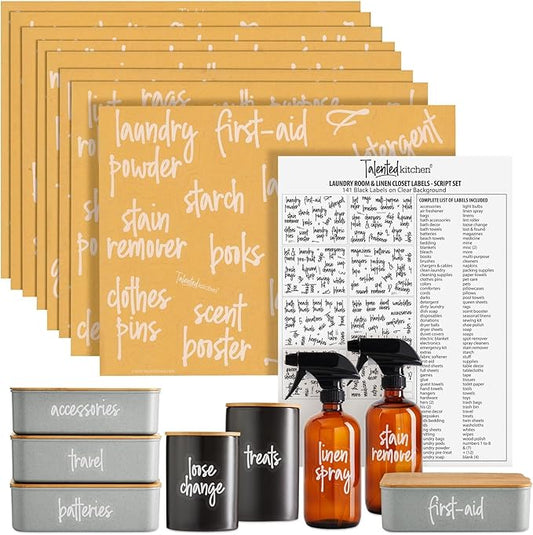 Talented Kitchen 141 Laundry Labels for Jars, Containers - Preprinted White Script Stickers for Linen Closet, Bathroom, Cleaning Supplies Organization, and Laundry Room (Water Resistant)