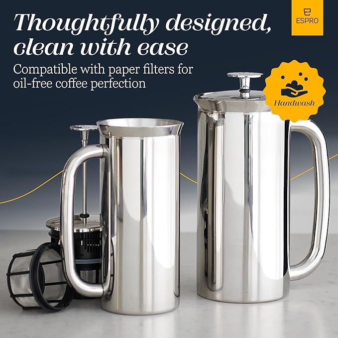 ESPRO P7 French Press Coffee Maker - Double-Walled Stainless Steel Insulated with Micro-Filter, 32 Ounces, Polished Stainless Steel