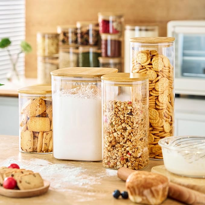Multi Size - 5 Pack Square Glass Jars with Bamboo Lids, Glass Food Storage Containers with Airtight Lids for Kitchen, Air Tight Pantry Storage Containers for Cereal, Pasta, Rice, Sugar, Coffee, Spice