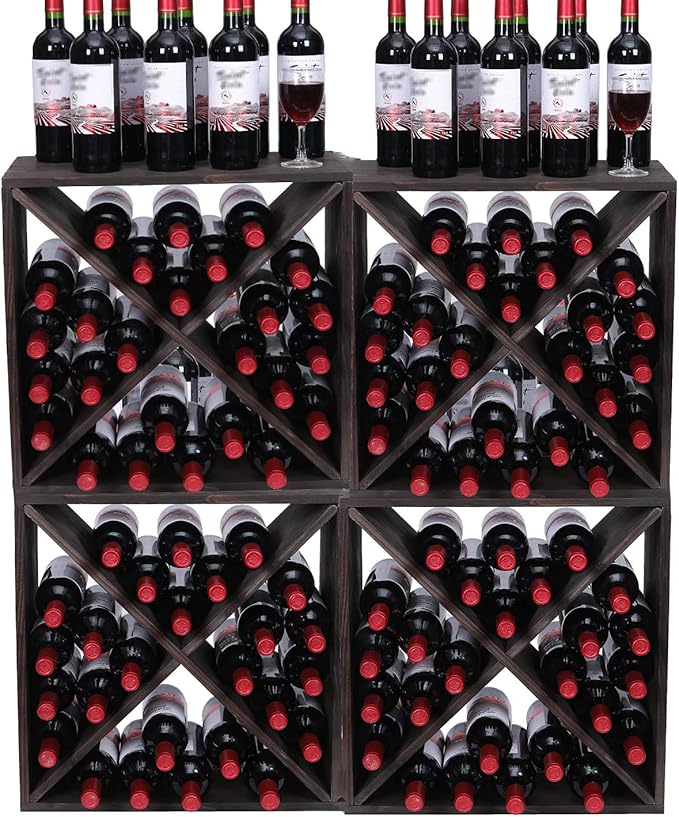 Wine Rack Cabinet countertop Wooden Stackable Storage Retro Cube freestanding Floor Wine Bottle Holder Stand(96BottleBlack)