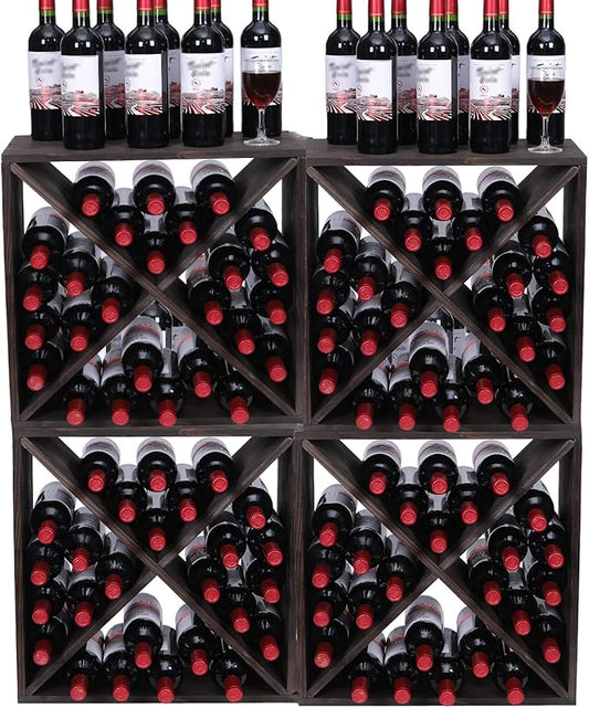 Wine Rack Cabinet countertop Wooden Stackable Storage Retro Cube freestanding Floor Wine Bottle Holder Stand(96BottleBlack)