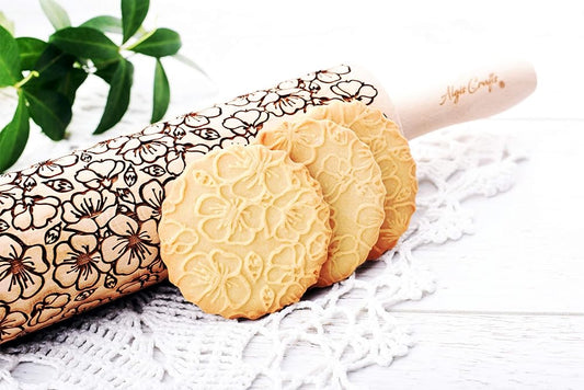 Embossed rolling pin SAKURA. Leafy green and flowering plants on embossed dough roller