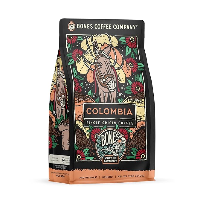 Bones Coffee Company Colombia Single-Origin Coffee, Almonds, Dried Fruit, Vanilla Notes, Flavored Ground Coffee, Medium Roast Low Acid Arabica Beans for Coffee Maker, 12 oz Ground