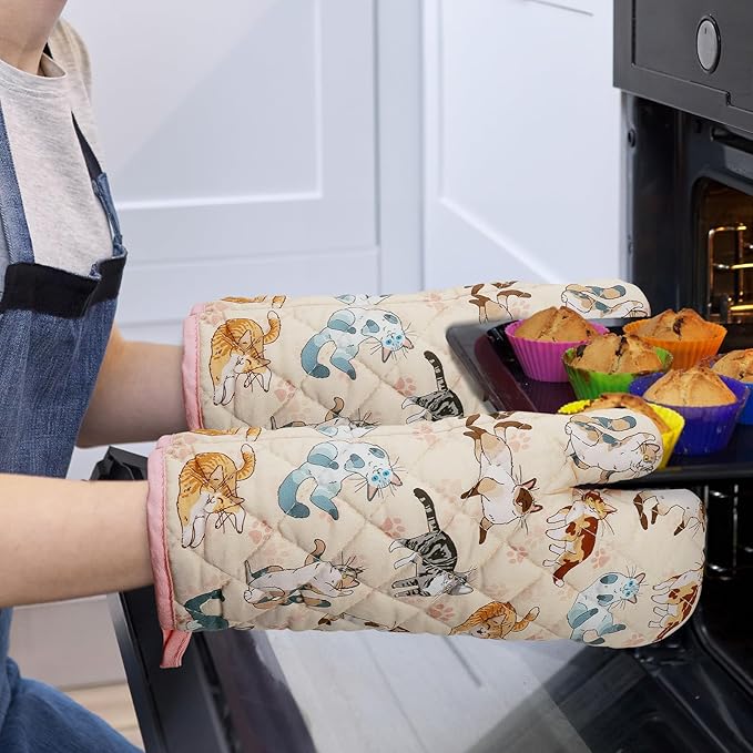 Cute Cat Kitchen Towels and Oven Mitts Set 4Pcs, Soft Absorbent Dish Cloth Heat Resistant Oven Gloves for Cooking Baking Kitchen Decoration, Gifts for Her