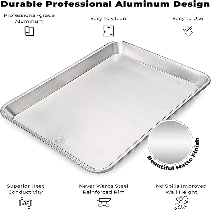 Ultra Cuisine Aluminum Baking Sheet with Stainless Steel Cooling Rack Set -Half Sheet Size Pan 13 x 18 inch, Durable Rimmed Sides, Easy Clean, Commercial Quality for Cooking and Roasting