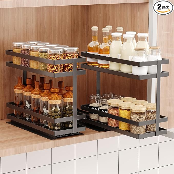 2 Pack Pull Out Spice Rack Organizer for Cabinet, 2 Tier Metal Slide Out Seasoning Organizer and Storage Heavy Duty Vertical Spice Rack Shelf Pullout for Kitchen Cabinets No Drilling (Black)