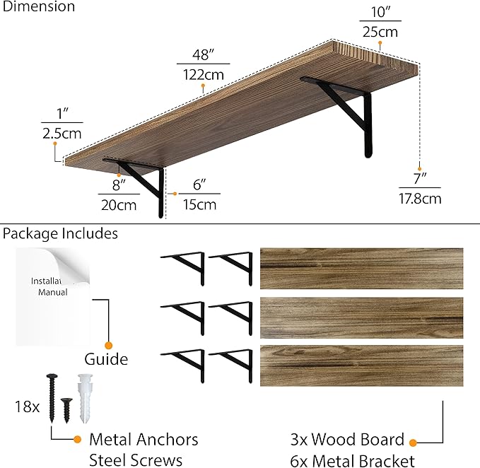Wallniture Forme 48 inch Long x 10 in Deep Rustic Floating Shelves for Wall Storage, Wall Bookshelf for Living Room Decor, Kitchen, Office Floating Shelf, Set of 3, Burnt, Wood