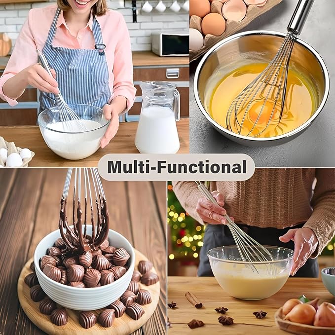 8-Inch Stainless Steel Whisk, Handheld Egg Beater for Mixing Batter, Whipping Cream