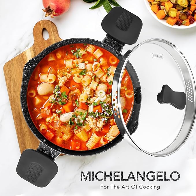 MICHELANGELO Pasta Pot with Strainer Lid, 6 Quart Cooking Pot with Twist and Lock Handles, Soup Pot with Nonstick Granite Coating, Spaghetti Pot Induction Compatible, Black