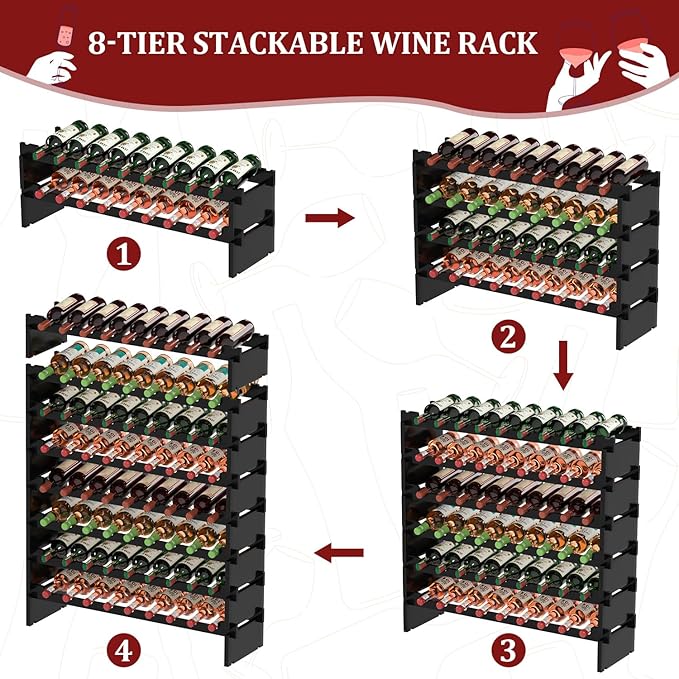 Domax Wine Rack Freestanding Floor - 8 Tiers Wine Bottle Holder 72 Bottle Stackable Bamboo Wooden Storage Racks Shelves for Kitchen, Bar, Pantry and Cellar (Black)