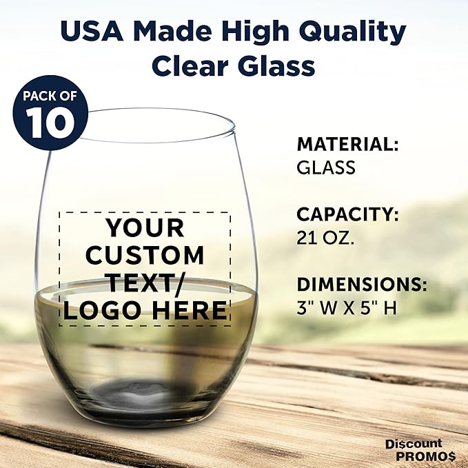 DISCOUNT PROMOS 10 ARC Stemless Wine Glasses Set, 21 oz. - Customizable Text, Logo - Chardonnay, Cabernet, Merlot, Sauvignon - Black