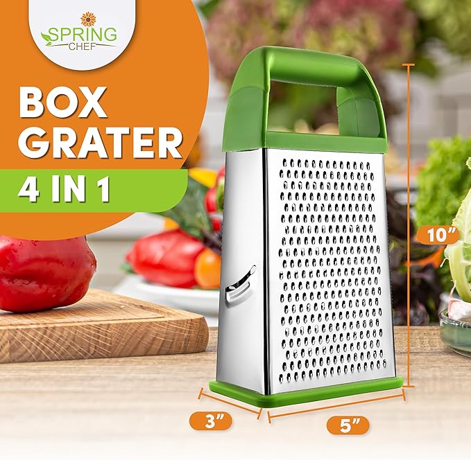 Spring Chef Professional Green 10" Stainless Steel Parmesan Cheese Grater with Handle, 4 Sided Handheld Box Grater, Kitchen Carrot Shredder for Potato, Cheese, Ginger, Vegetables