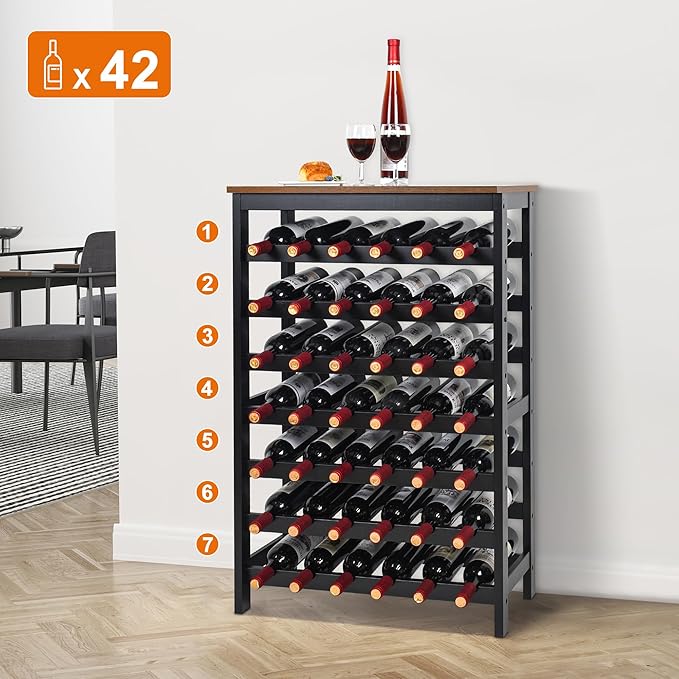 VASMIA 42 Bottles Bamboo Wine Rack,7-Tier Wine Rack Freestanding Floor with Table Top, Wine Storage Shelf for Kitchen Dining Room Bar,Rustic Brown and Black