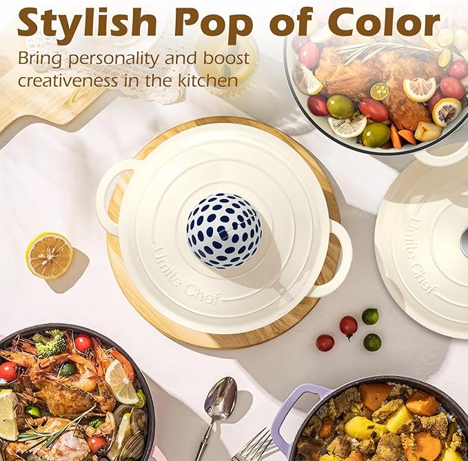 Enameled Cast Iron Dutch Oven - Umite Chef 5QT Pot with Lid & Cotton Potholders - Heavy-Duty Cookware for Bread Baking, Braising, Stews, Roasting(Cream White)