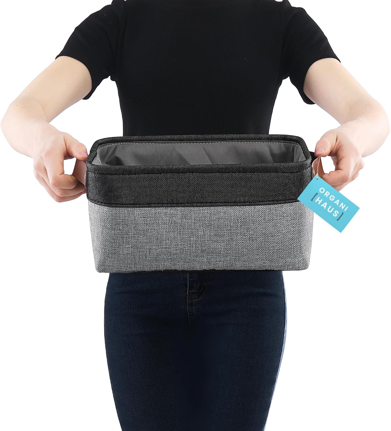 OrganiHaus Small Fabric Storage Baskets for Shelves 3 Pack, 12x8in Closet Storage Bins for Shelves, Cloth Baskets for Organizing, Linen Closet Organizers, Fabric Basket, Gray/Black