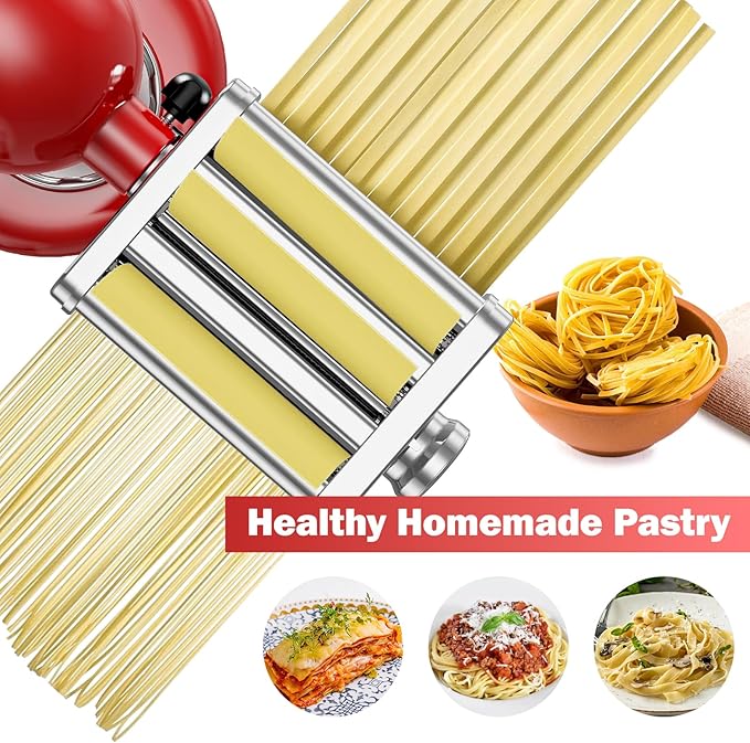 3 in 1 Pasta Attachment for Kitchenaid Stand Mixer, All Metal Pasta Maker Kitchenaid Attachment, Pasta Sheet Roller, Spaghetti Cutter, Fettuccine Cutter Maker Accessories and Cleaning Brush by Gvode