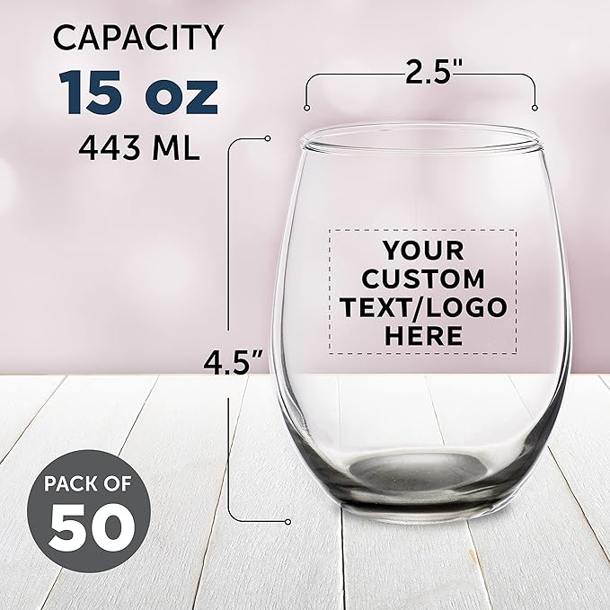 Custom Stemless Wine Glasses in Bulk by ARC Perfection, 15 oz, 50 pack, Personalized Text, Logo, Red or White Wine Glass Set, Black