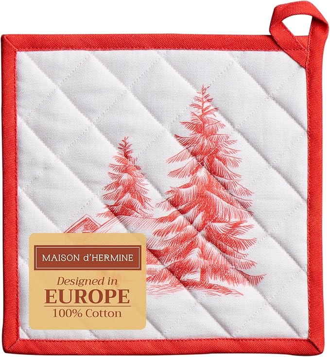 Maison d' Hermine Pot Holders 100% Cotton Heat Resistant Potholders 8" x 8" Hot Pads with Loop BBQ, Cooking, Baking, Grilling, Kitchen, Handling Hot Pans (Pack of 1, Winter Jouy)