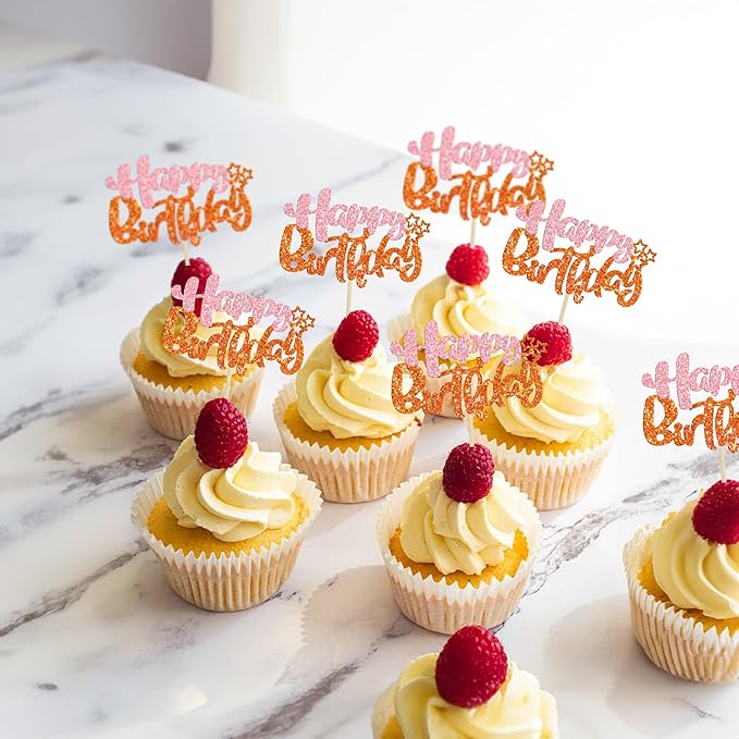 Ephlyn 24Pcs Happy Birthday Cupcake Toppers - Double Layer Glitter - Pastel Pink Orange - Perfect for Birthday, Baby Shower & Anniversary Parties