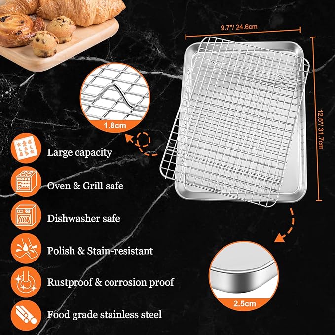 Quarter Sheet Pan with Cooling Rack, Leonyo 1/4 Cookie Sheets for Baking, Wire Rack for Cooking, Nonstick & Stainless Steel Baking Tray for Toaster Oven, Bacon - Size 12.5"x 9.7", 2 Trays + 2 Racks