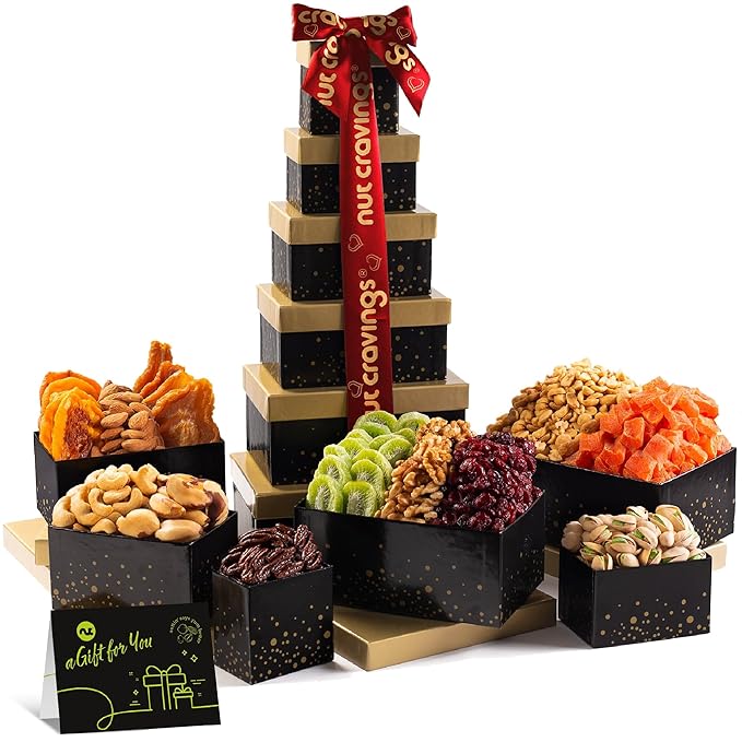 NUT CRAVINGS - Mixed Nuts Gift Basket Black Tower + Heart Ribbon (12 Assortments) Food Arrangement, Healthy Snack Care Package, Food Assortments