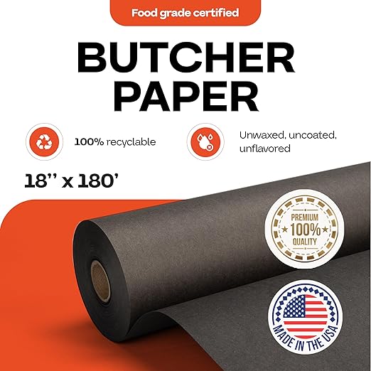 Black Butcher Paper 18" x 2160" (180 feet) - USA-Made Natural Butcher Paper Roll for Meat and Fish - Uncoated, Unwaxed & Food-Grade Material for Grilling - BBQ Papers for Smoking by IDL Packaging
