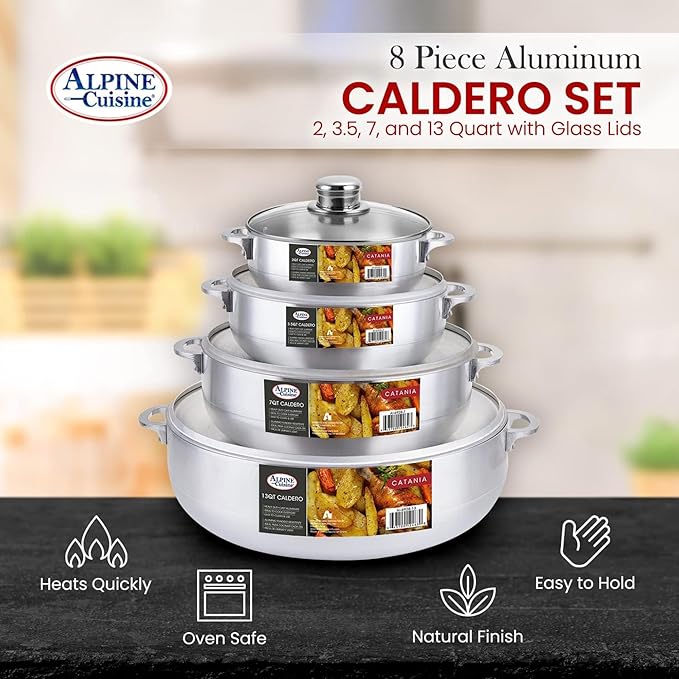 Alpine Cuisine Premium 8-Piece Nonstick Aluminum Caldero Set with Lids | Versatile Pots for Stews, Rice & Soups in 2, 3.5, 7, 13 Quart Sizes | Silver