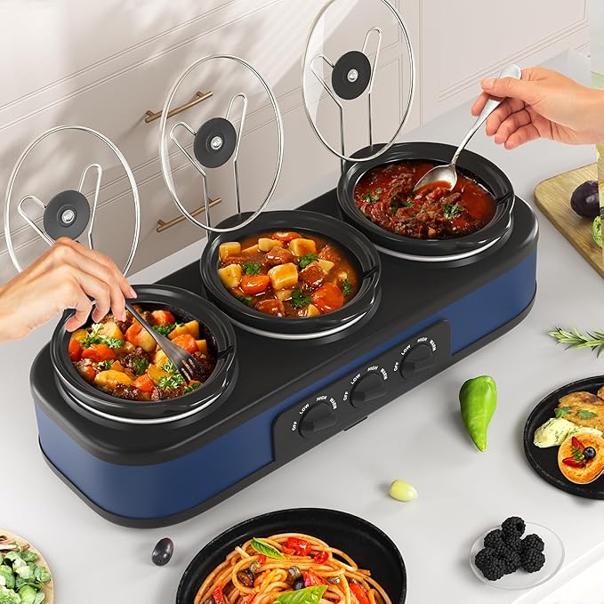 Kiss the Water Triple Slow Cooker Buffet Servers and Warmer,3 Pot Food Small Mini Manual Slow Cooker with Adjustable Temp Stainless Steel Lid Rests,Removable Ceramic Pot, 3 * 1.5 Quarts Blue