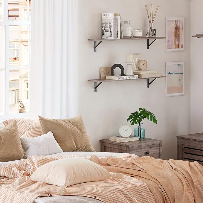 DINZI LVJ Long Wall Shelves, 31.5 Inch Wall Mounted Shelves Set of 2, Easy-to-Install, Wall Storage Ledges with Sturdy Metal Brackets for Living Room, Bathroom, Bedroom, Kitchen, Greige