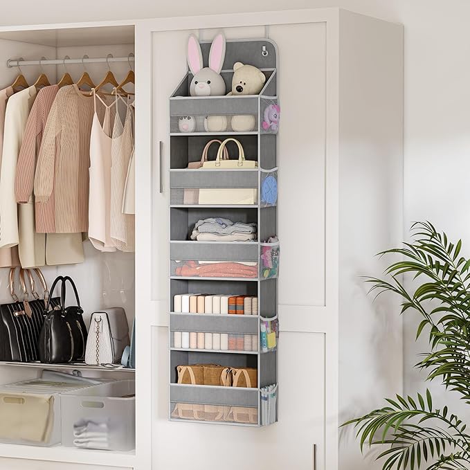 LAMU 2 Pack Over The Door Organizer Hanging with 5 Large Pockets and 10 Mesh Pockets, 44lb Over The Door Storage for Closet, Nursery and Bathroom, Behind The Door Storage with Clothes and Toys, Gray