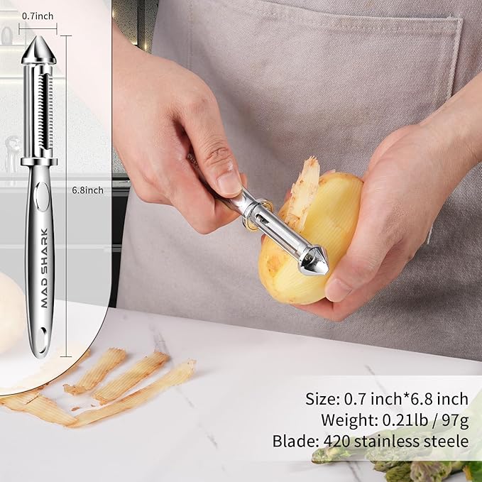 MAD SHARK Vegetable Peeler for Kitchen, Potato Peeler, Fruit Carrot Veggie Peelers, Design with Ergonomic Non-Slip Handle, I-Shaped Stainless Steel Serrated（Flat/Serrated Blade 2 in 1）