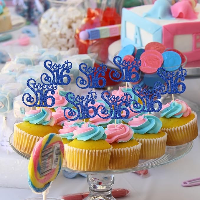 Gyufise 24 Pack 16th Birthday Cupcake Toppers Glitter Sixteen Happy Sweet 16 Cupcake Picks Cheers to 16 Years Old Cupcake Decorations for 16th Birthday Anniversary Party Cake Decorations Supplies Blue