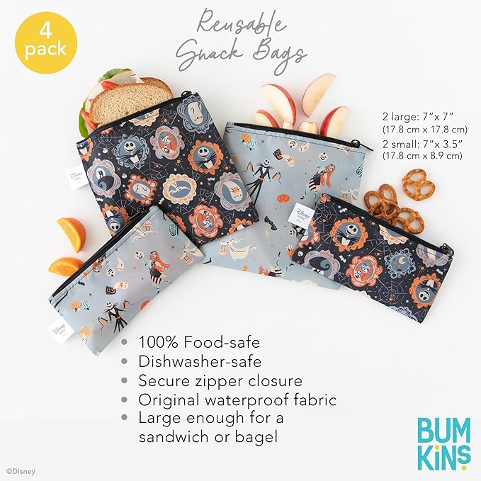 Bumkins - Cloth Snack & Sandwich Bags - For Storage, Travel, Food Prep, Lunch - Reusable, Water Resistant, Dishwasher Safe - Snack Bags for Kids - Zipper Closure - Nightmare Before Christmas - 4 Pack