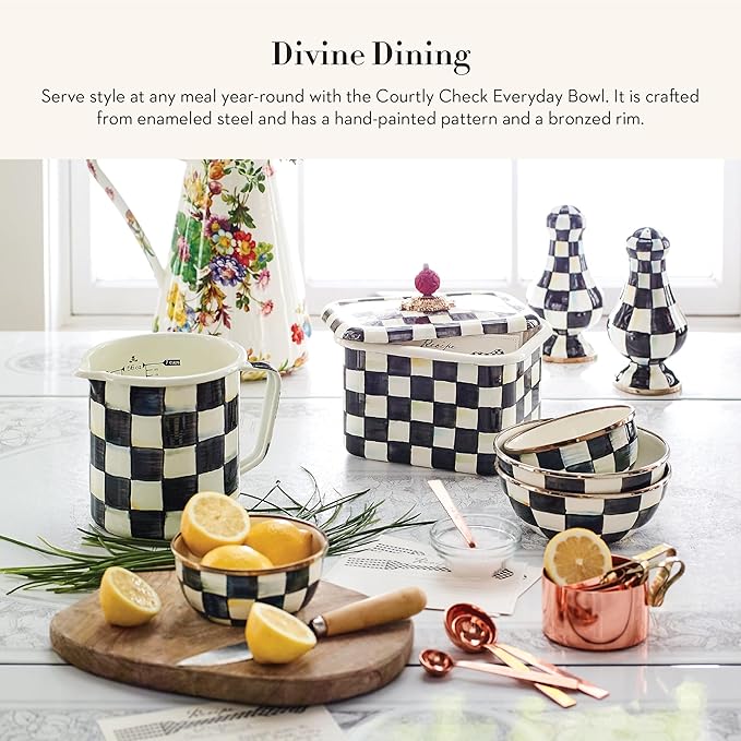 MACKENZIE-CHILDS Enamel Everyday Bowl, Serving Bowl for Entertaining, Extra-Small, Black-and-White Courtly Check, Set of 4
