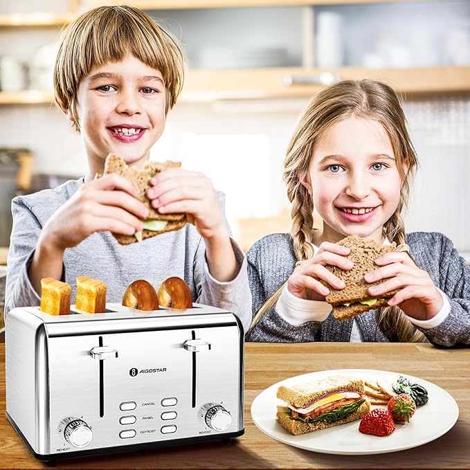 Aigostar Toaster 4 Slice 1.6" Wide Slot Stainless Steel Toasters with Bagel, Reheat, Cancel, Defrost Function, 6 Shade Settings, Removable Crumb Tray, 1550W, Best Rated Prime 4 Slice Toasters