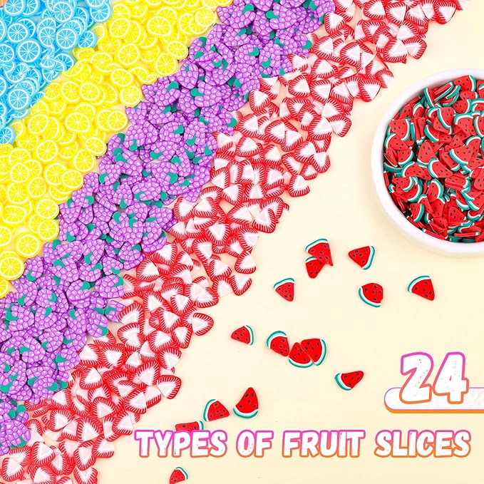 24-Grid Fruit Slice Polymer Clay Cute Slime Add Ins for Nail Art, Kawaii Scrapbooking Embellishments & Lip Gloss, Cellphone Decorations Bulk Slime Mix Ins Assorted Fruits Accessories for DIY Crafting