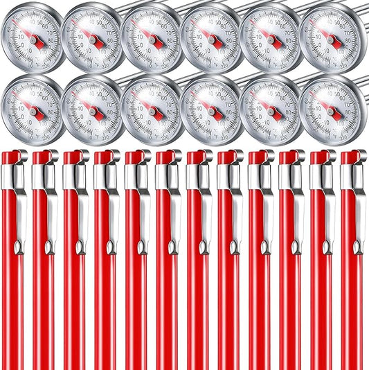 Xuhal 12 Pcs Stainless Steel Kitchen Thermometer with 5 Inch Long Stem 1 Inch Dial Thermometer Milk Frothing Food for Oven Probe Meat Grill BBQ Cooking Chocolate Water (Red)