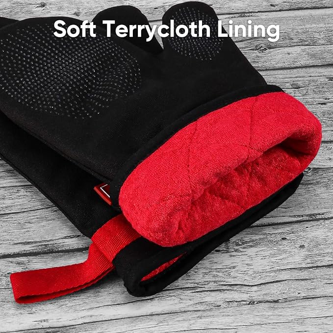 Silicone Oven Mitts, Magnetic Oven Mitt Set, Cotton Oven Mits Heat Resistant, Anti-Slip Hot Mitts for Kitchen, Cooking, Baking, Grilling, Black