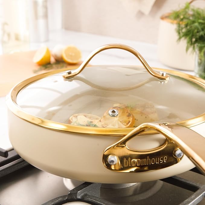 bloomhouse - Oprah's Favorite Things - 10 Inch Heavy Duty Aluminum Premium PFA Free Ceramic Nonstick Saute/Deep Frying Pan Skillet with Lid - Almond Cream w/Gold Handle