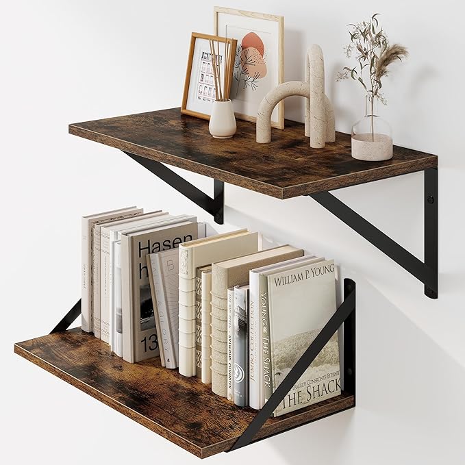 Heimlove Deep Floating Shelves for Wall, 16W x 8D Wood Wall Shelves Set of 2, Wide Floating Bookshelf for Living Room, Kitchen, Office, Bedroom and Decor Storage, with Metal Bracket - Rustic Brown