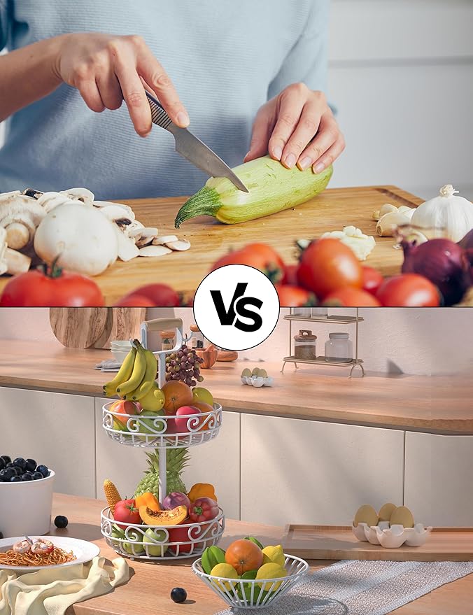 2-Tier 𝐅𝐫𝐮𝐢𝐭 𝐁𝐚𝐬𝐤𝐞𝐭 and Fruit Bowl - Fruit and Vegetable Storage with Banana Tree Hanger and Wood Handle, Fruit Basket for Kitchen Counter, for Bread Onions Potatoes Veggies Produce