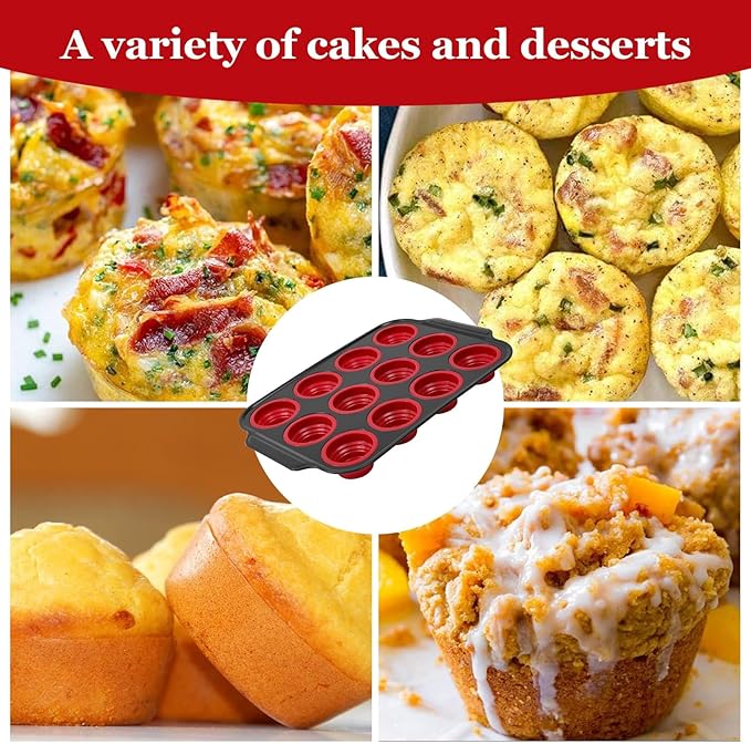 12 Cups Silicone Muffin Pans for Baking with Metal Frame, Egg Bite Molds, Cupcake Pans Regular Size, Muffin Tins Easy to Pop Nonstick Non Toxic Bakeware for Oven Dishwasher Safe