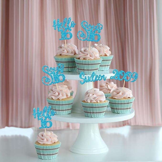 Gyufise 24Pcs Happy 16th Birthday Cupcake Toppers Glitter Hello 16 Sweet 16 Cupcake Picks Sixteen Years Old Birthday Cake Decorations for Celebrating 16th Birthday Anniversary Party Supplies Blue