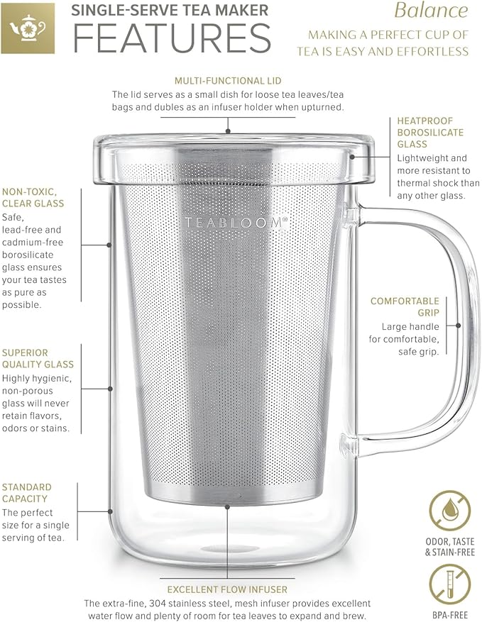 Teabloom Premium Borosilicate Glass Mug with Stainless Steel Loose Leaf Tea Infuser and Lid/Dish - 12 Ounces (350 mL)