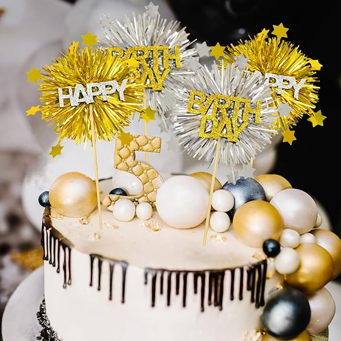 LOLStar 12 PCS Happy Birthday Cake Toppers, Gold and Silver Foil Cupcake Toppers, Glitter Tinsel Cupcake Decor, Food Picks Drink Stirrers Cocktail Toothpicks for Celebrating Party Supplies
